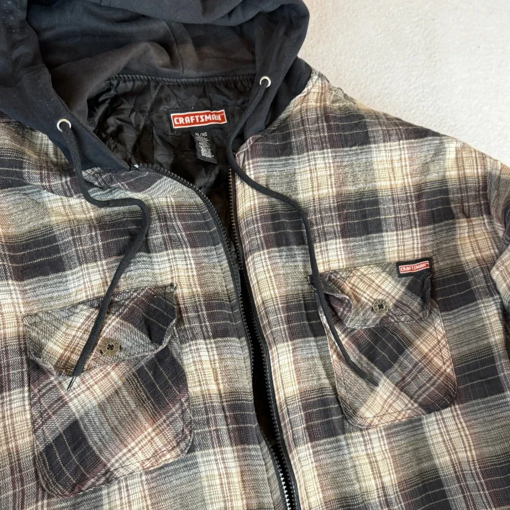 Craftsman Mens XL Hooded Plaid Flannel Jacket Quilted Lined Brown Black Workwear